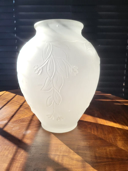 Art Deco Vase In Frosted Pressed Glass With Floral Decor, 1940s, France