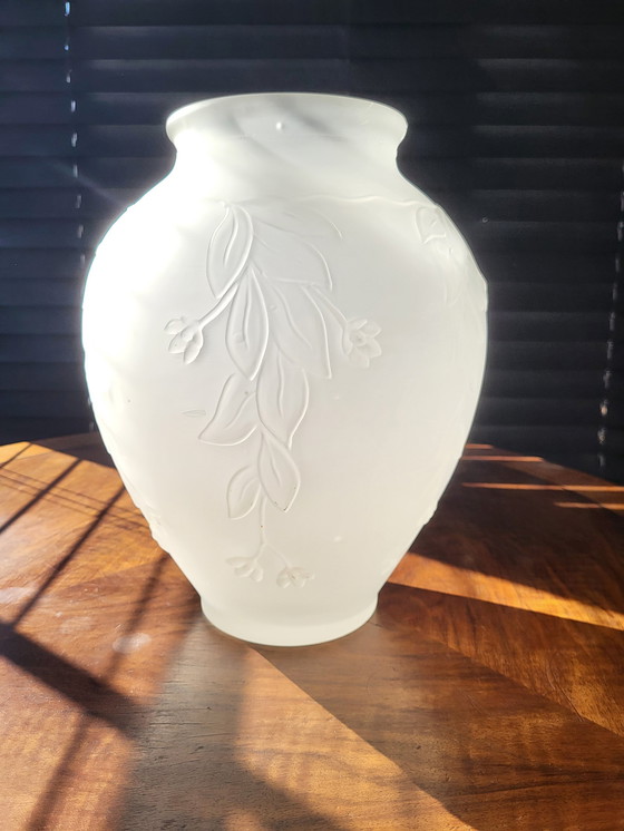 Image 1 of Art Deco Vase In Frosted Pressed Glass With Floral Decor, 1940s, France