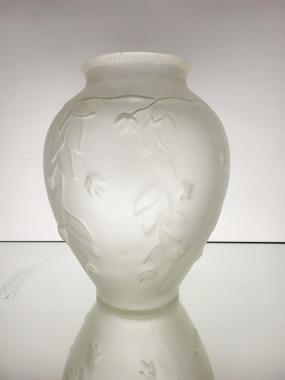 Image 1 of Art Deco Vase In Frosted Pressed Glass With Floral Decor, 1940s, France