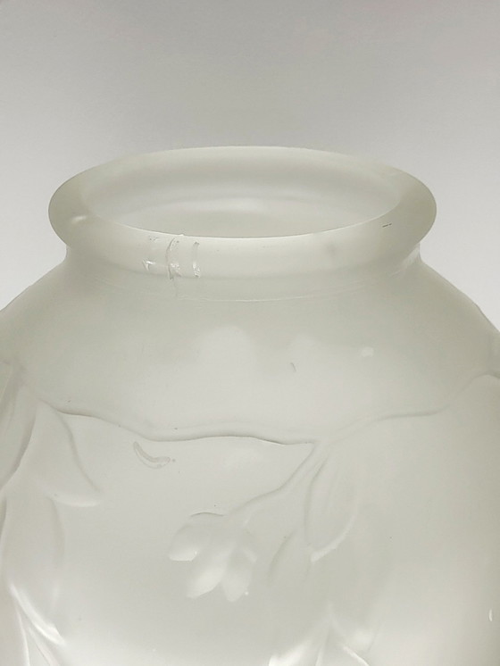 Image 1 of Art Deco Vase In Frosted Pressed Glass With Floral Decor, 1940s, France