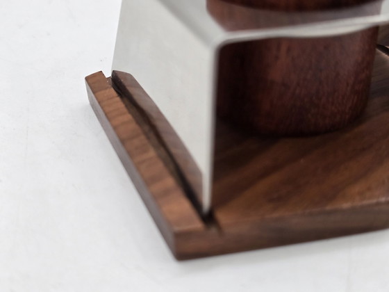 Image 1 of Set portauova - Set di 6 portauova in acciaio inox su supporto in legno - Acciaio inox, legno - Design vintage