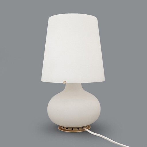 Pair of vintage model 1853 table lamps in metal and opaline glass by Max Ingrand for Fontana Arte, 1960