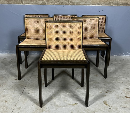 6x Wooden chairs webbing seat and back