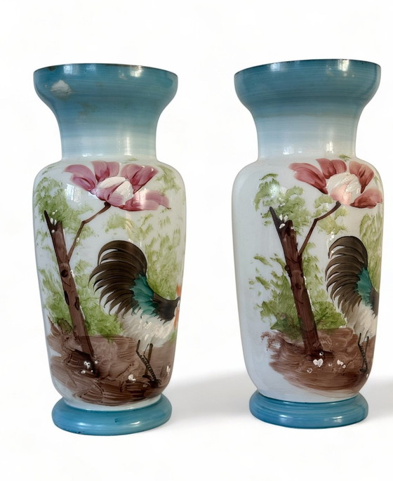Image 1 of Vintage Opaline Glass Vase Vases With Hand Painted Chicken