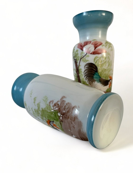 Image 1 of Vintage Opaline Glass Vase Vases With Hand Painted Chicken