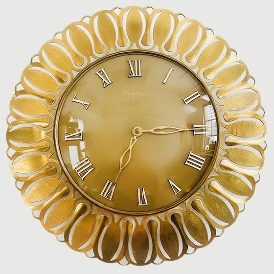 Image 1 of Mid - Century Richter Quartz wall clock sunburst gold brass 1950's