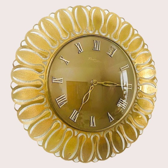 Image 1 of Mid - Century Richter Quartz wall clock sunburst gold brass 1950's