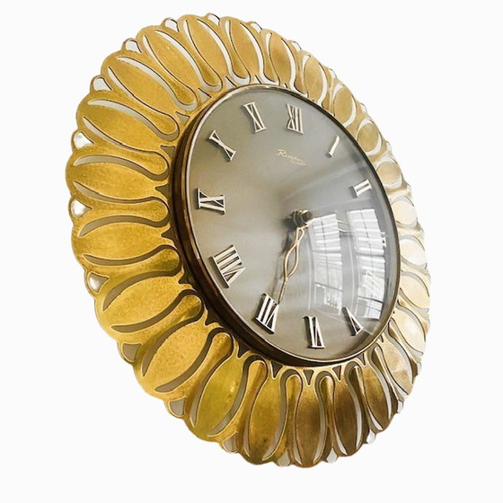 Image 1 of Mid - Century Richter Quartz wall clock sunburst gold brass 1950's