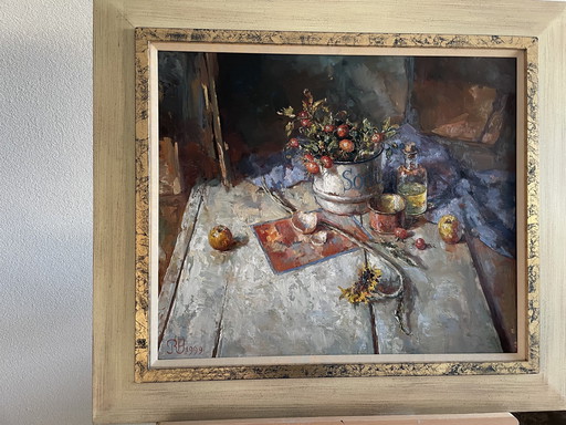 Painting Rene Jansen, Floor Still Life With Rosehips