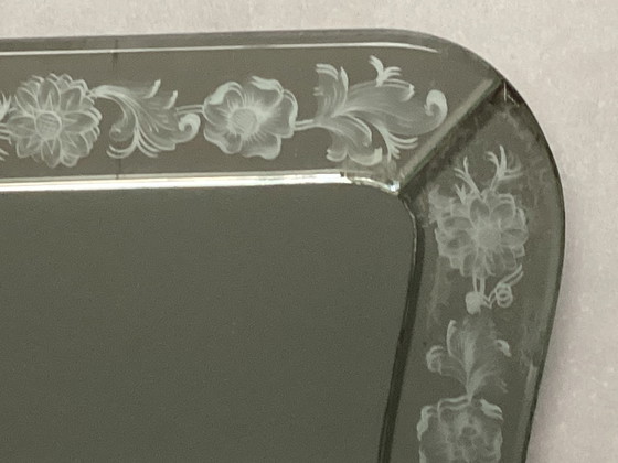 Image 1 of Antique Venetian Mirror With Etched Flowers Faceted Edges Wooden Frame