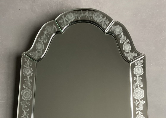 Image 1 of Antique Venetian Mirror With Etched Flowers Faceted Edges Wooden Frame