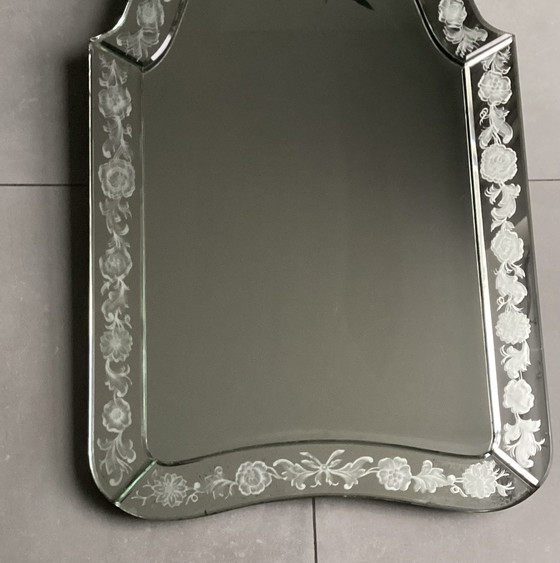 Image 1 of Antique Venetian Mirror With Etched Flowers Faceted Edges Wooden Frame