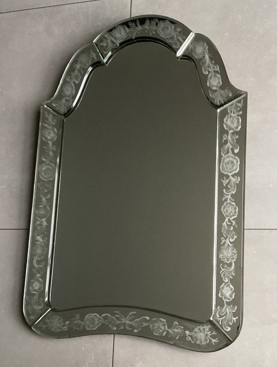 Image 1 of Antique Venetian Mirror With Etched Flowers Faceted Edges Wooden Frame