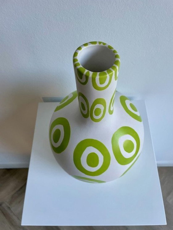 Image 1 of Vase White With Lime Green Embossed Patterns