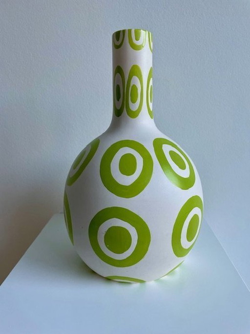 Vase White With Lime Green Embossed Patterns