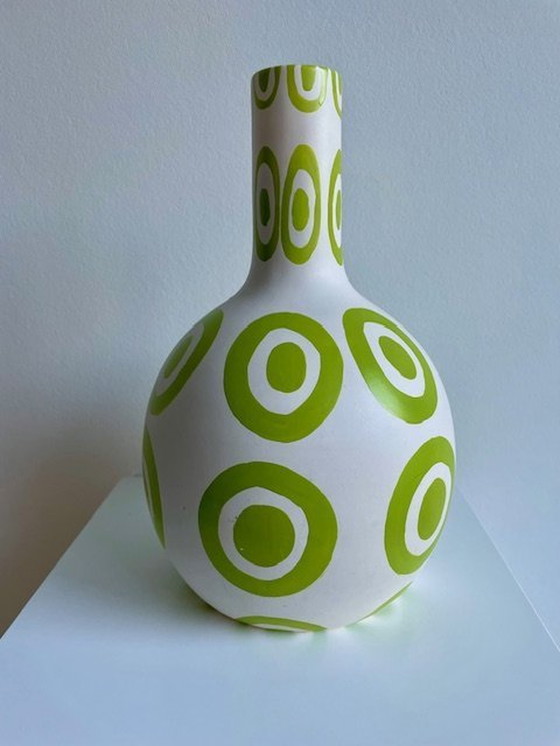 Image 1 of Vase White With Lime Green Embossed Patterns