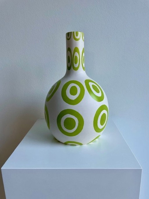 Vase White With Lime Green Embossed Patterns