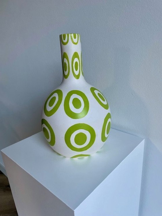 Image 1 of Vase White With Lime Green Embossed Patterns