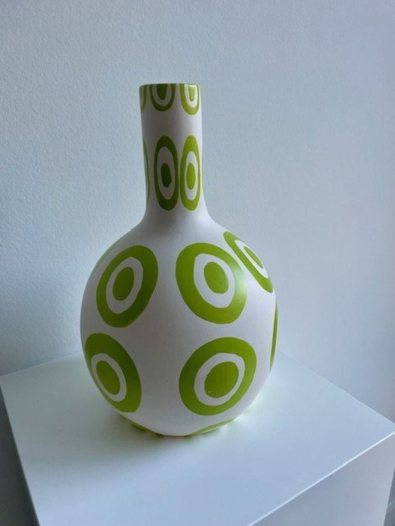 Image 1 of Vase White With Lime Green Embossed Patterns