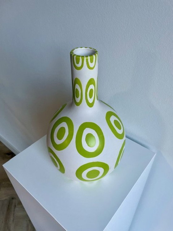 Image 1 of Vase White With Lime Green Embossed Patterns