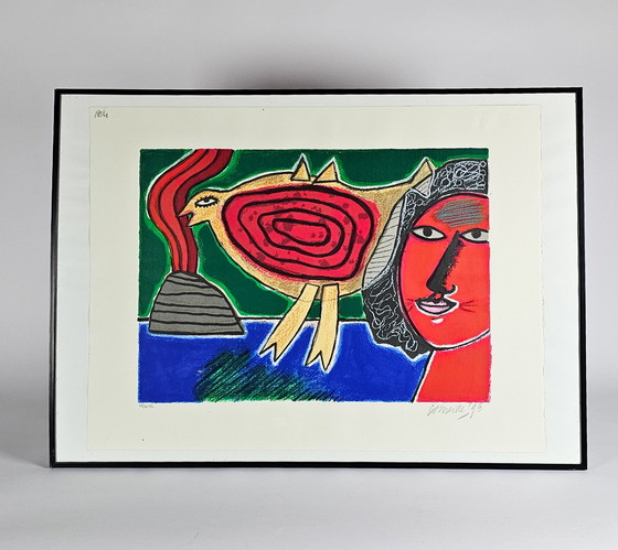 Image 1 of Corneille - Lithographie - Femme et oiseau rouge - encadrée - 1998