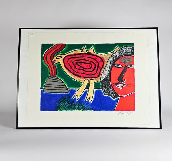 Image 1 of Corneille - Lithographie - Femme et oiseau rouge - encadrée - 1998