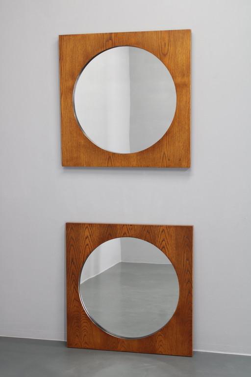 1970S Pair Of Oak Large Square Mirrors,Czechoslovakia