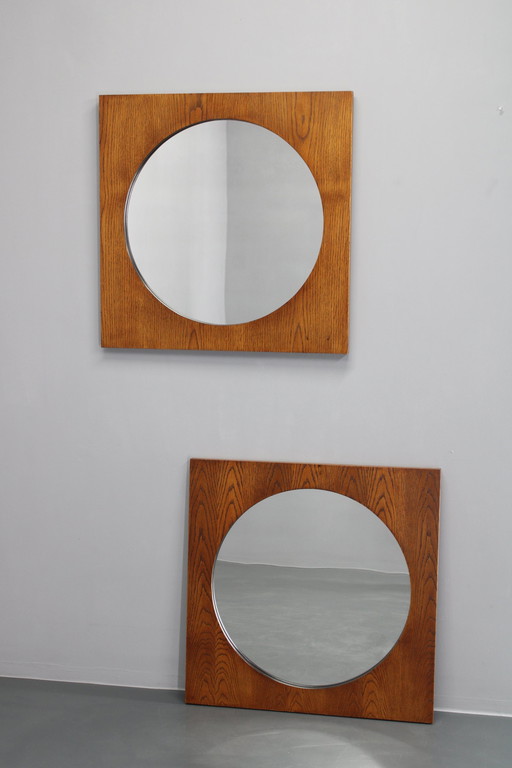 1970S Pair Of Oak Large Square Mirrors,Czechoslovakia