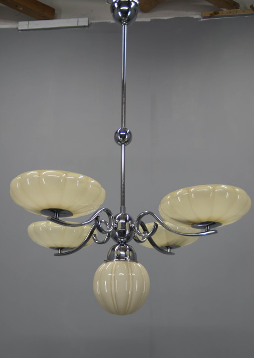 Art Deco Chrome And Glass Chandelier, 1930S