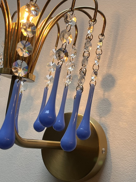 Image 1 of Set di 2 lampade da parete vintage blu opalino con cornice dorata