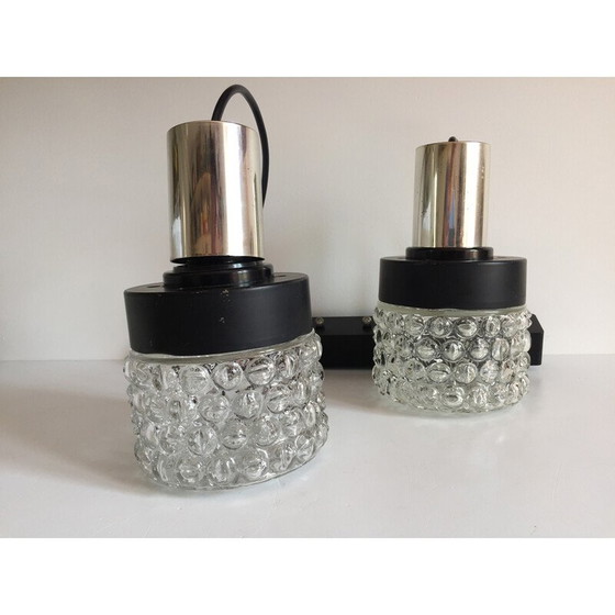 Image 1 of Lampada a sospensione asimmetrica vintage Space Age in metallo laccato nero e vetro modellato, 1970