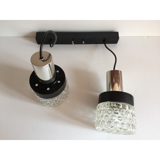 Image 1 of Lampada a sospensione asimmetrica vintage Space Age in metallo laccato nero e vetro modellato, 1970