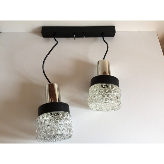 Image 1 of Lampada a sospensione asimmetrica vintage Space Age in metallo laccato nero e vetro modellato, 1970