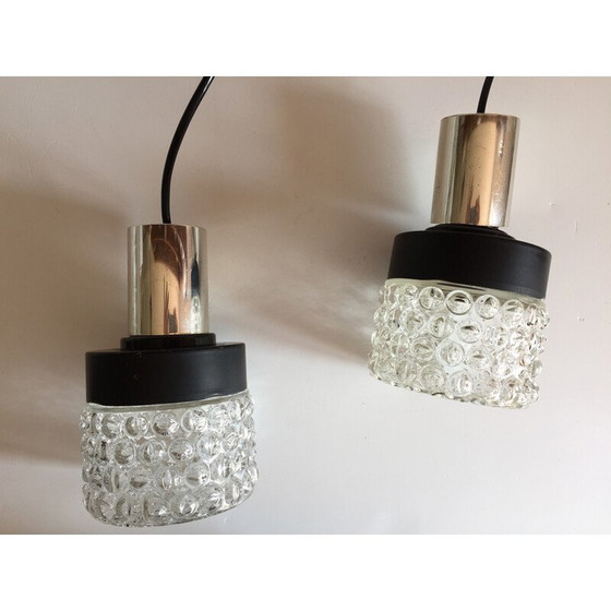 Image 1 of Lampada a sospensione asimmetrica vintage Space Age in metallo laccato nero e vetro modellato, 1970