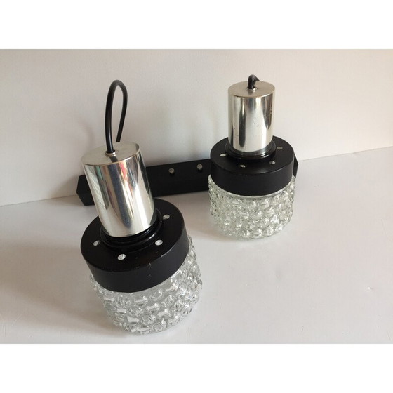 Image 1 of Lampada a sospensione asimmetrica vintage Space Age in metallo laccato nero e vetro modellato, 1970