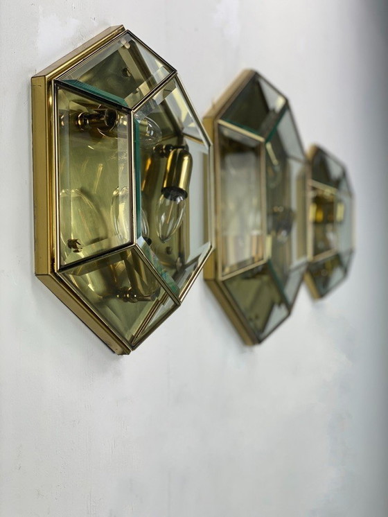 Image 1 of Set di vetro e ottone con taglio esagonale sfaccettato vintage