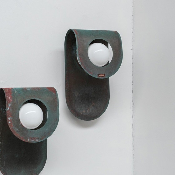 Image 1 of Pair of vintage wall lamp in patinated copper and opaline glass for Horn, Denmark 1980