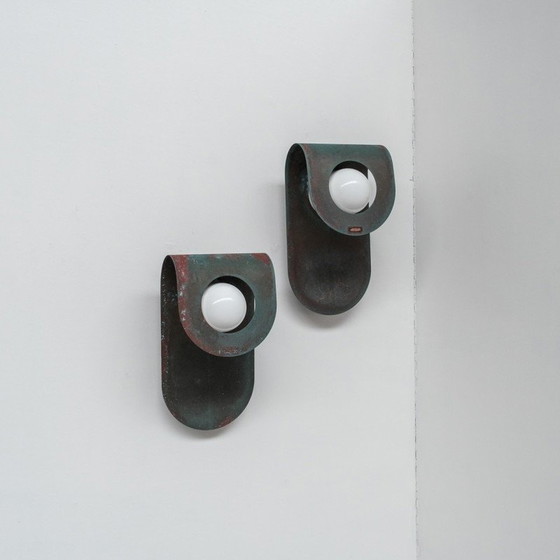 Image 1 of Pair of vintage wall lamp in patinated copper and opaline glass for Horn, Denmark 1980