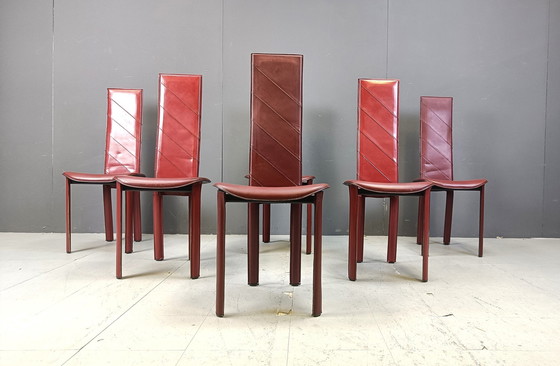 Image 1 of Sedie da pranzo vintage in pelle rossa con schienale alto, set di 6, anni '80