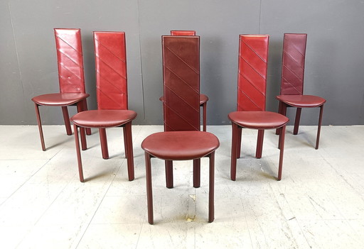 Vintage Red Leather Italian High Back Dining Chairs, Set of 6, 1980s