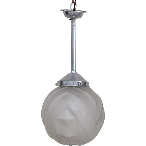 Vintage geometric glass and metal Art Deco pendant lamp, France 1930