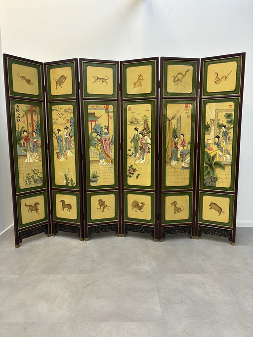 Oriental Paravan Folding Screen With 6 Shutters