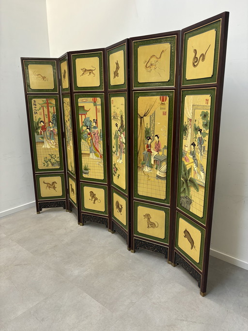 Oriental Paravan Folding Screen With 6 Shutters