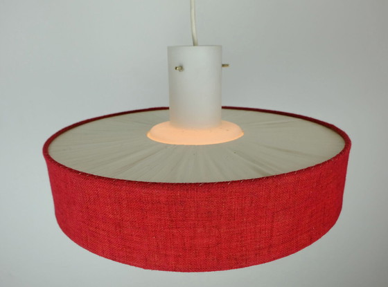 Image 1 of mid century modern pendant lamp white glass shade red fabric 1960s