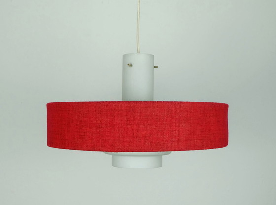 Image 1 of mid century modern pendant lamp white glass shade red fabric 1960s