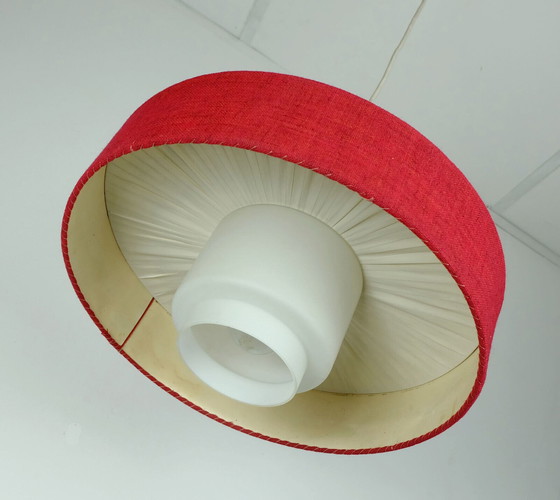 Image 1 of mid century modern pendant lamp white glass shade red fabric 1960s