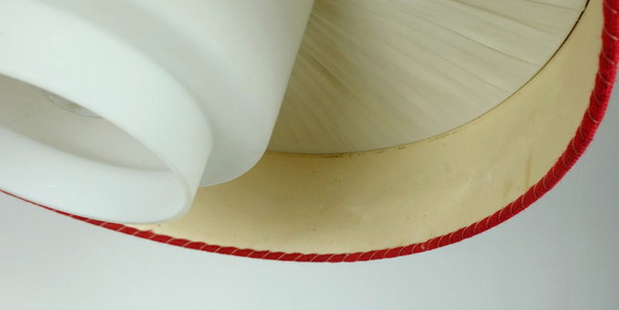 Image 1 of mid century modern pendant lamp white glass shade red fabric 1960s