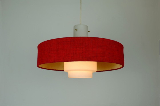 Image 1 of mid century modern pendant lamp white glass shade red fabric 1960s