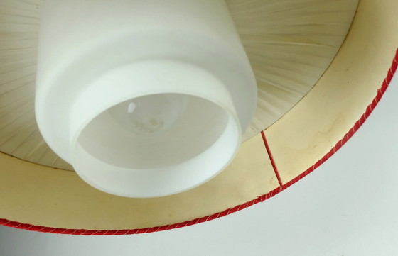 Image 1 of mid century modern pendant lamp white glass shade red fabric 1960s