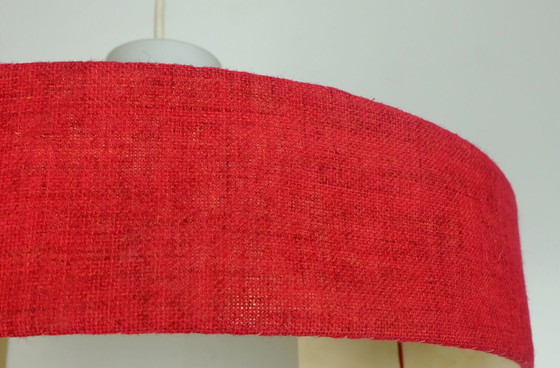 Image 1 of mid century modern pendant lamp white glass shade red fabric 1960s